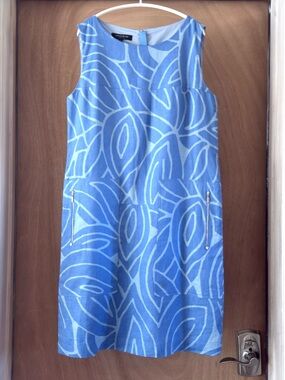 Lafayette 148 Linen Dress Periwinkle Blue Abstract Print Zip Pockets Women’s Sm